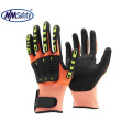 NMSAFETY 13 gauge orange HPPE linter coated sandy nitrile with TPR  impact resistant work gloves